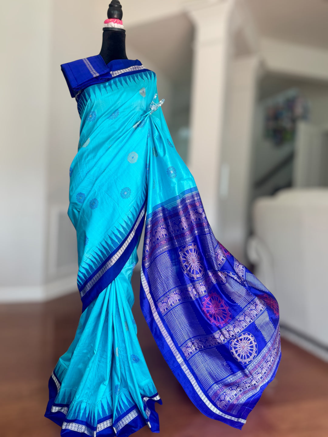 Konark theme Handwoven Bomkai Pure Silk Saree – Turquoise Blue with Royal Blue Pallu from Odisha Weaves