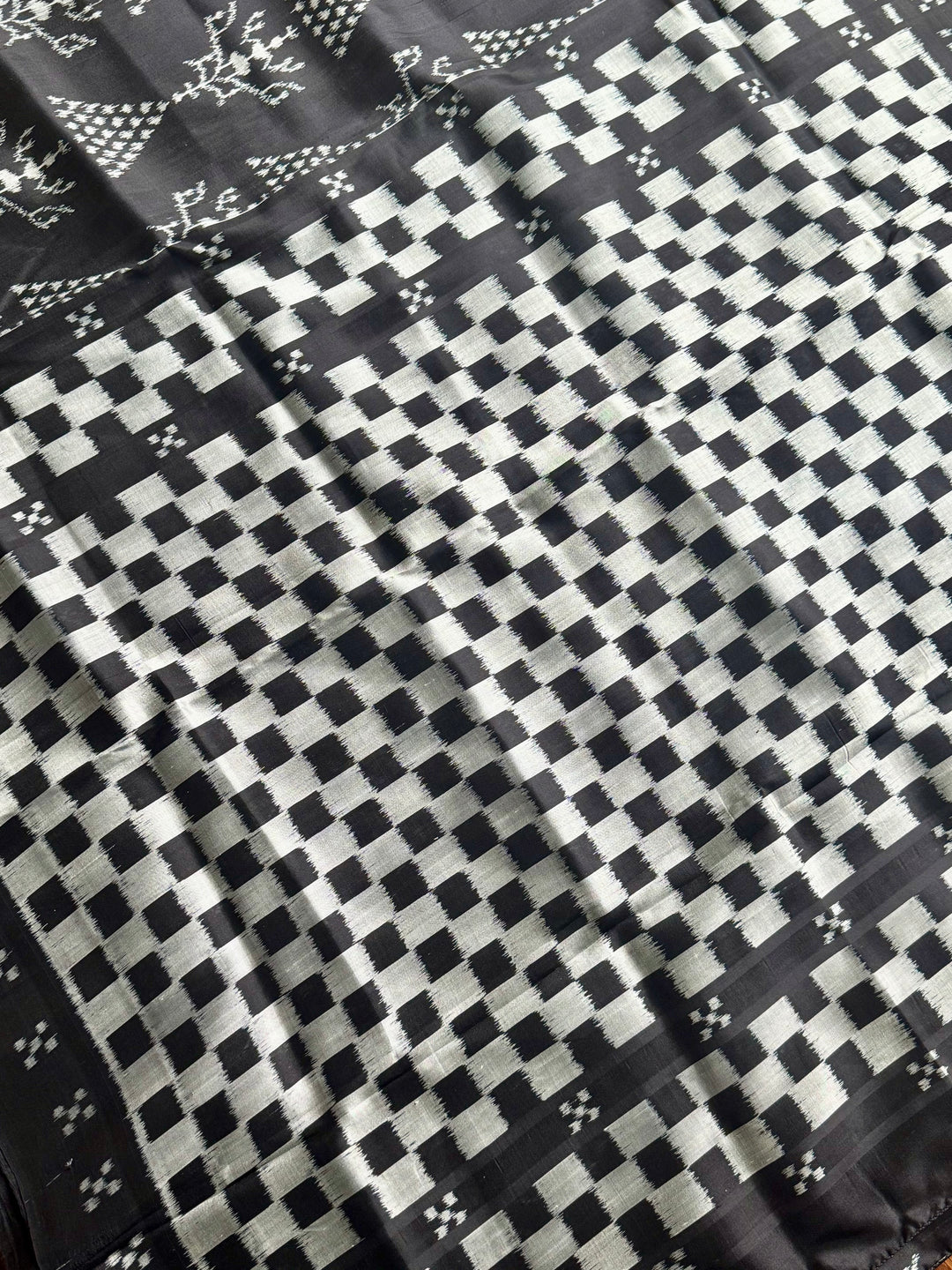 Handwoven Black contemporary ikat Silk Saree from Odisha|Mishrita
