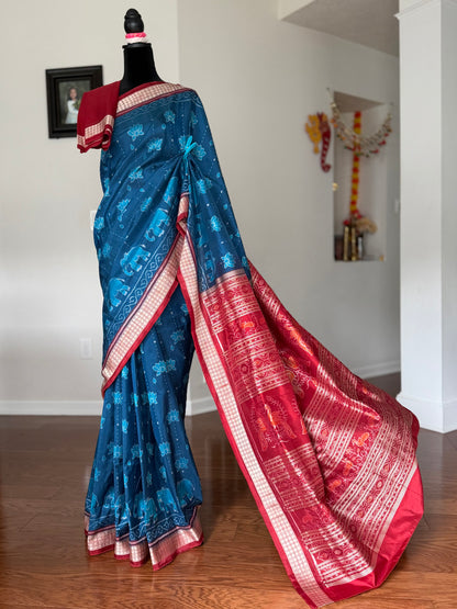 Teal blue and maroon handwoven Sambalpuri thousand motif pure Ikkat silk saree | Odisha Weaves