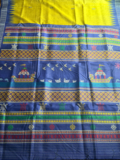 Boita theme handwoven pure Tussar silk saree in greenish yellow and blue color