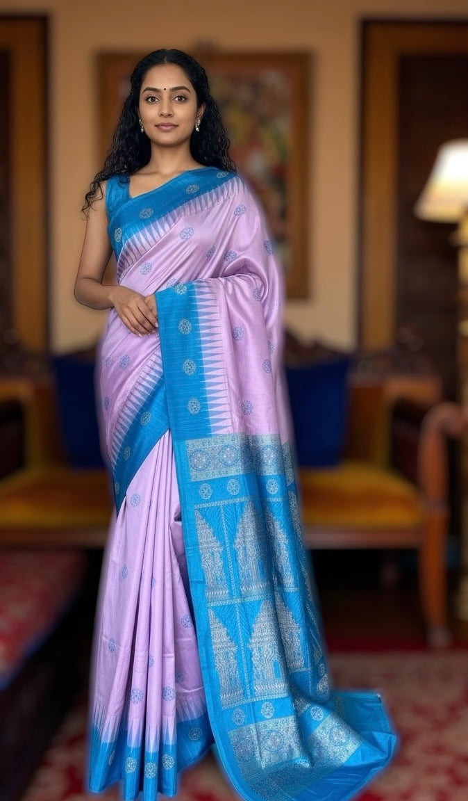 Pale Lavender handoven konark chakra Bomkai Pure silk saree
