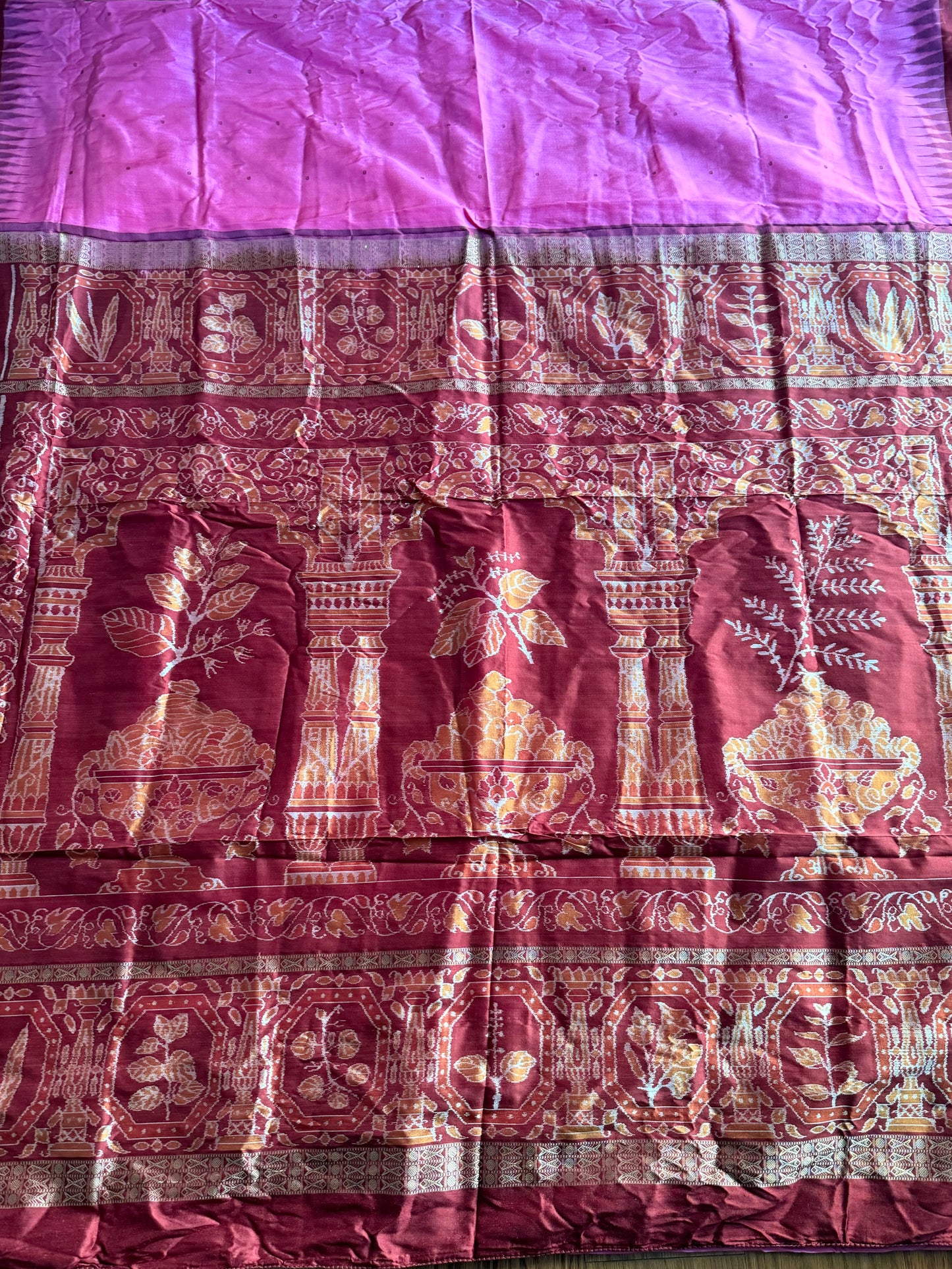 Pink Sambalpuri Ikat Pure Silk Saree with “Triphala” Ikat Pallu and Maroon Border