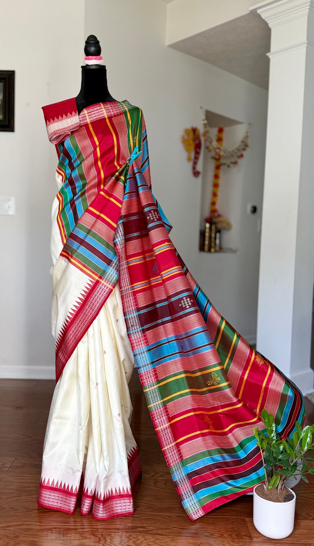 Off- White and Red Berhampuri Double pallu Pure Silk Saree| Odisha Weaves