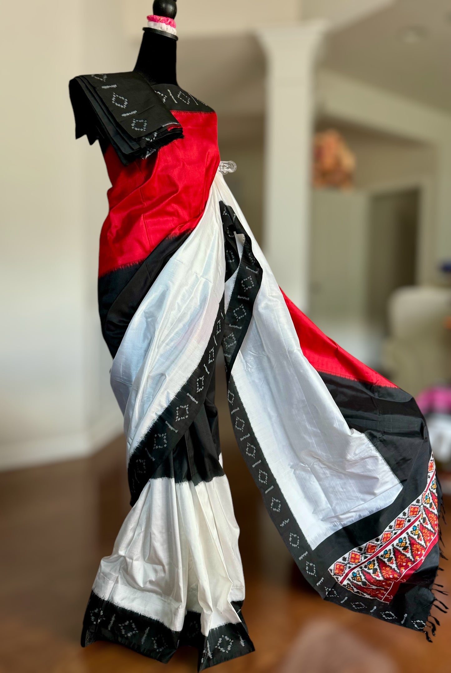 Red Black White Double ikat Pochampally ikat pure silk saree