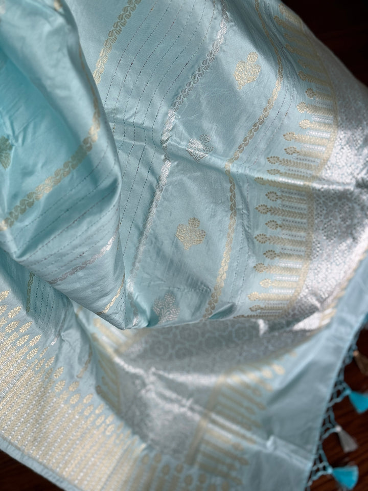 Icy Blue color Banarasi pure katan silk saree with kadhua work along with artistic meenakari bundis