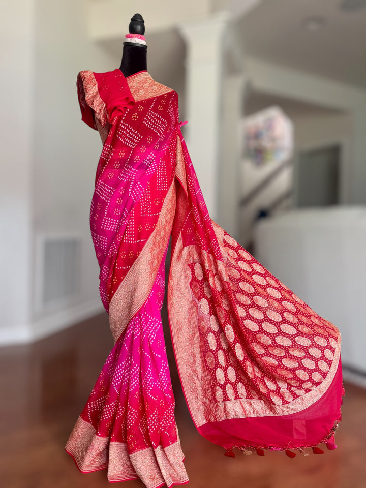 Pink with Red pure khaddi chiffon georgette rai bandhini saree