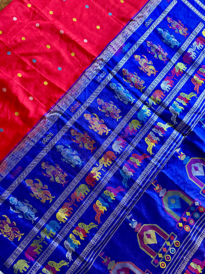 Gorgeous Red with Royal BlueNandighosa pure silk saree from Odisha Weaves| Bomkai|