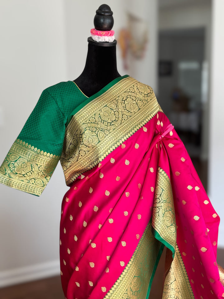 Pink Handloom Banarasi Silk Saree With Stitched Blouse