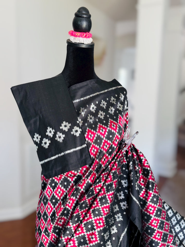 Black with red handwoven ikat pure silk saree|Odisha Weaves|Contemporary Ikat|