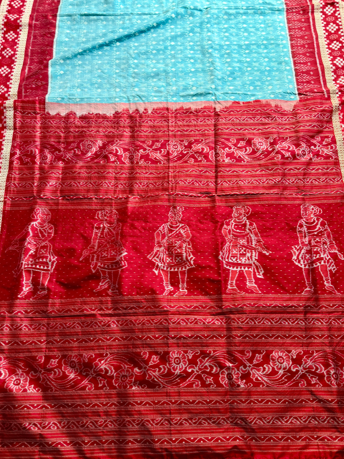 Ice-blue and red handwoven Sambalpuri pure Ikkat silk saree with pasapali border| Odisha Weaves