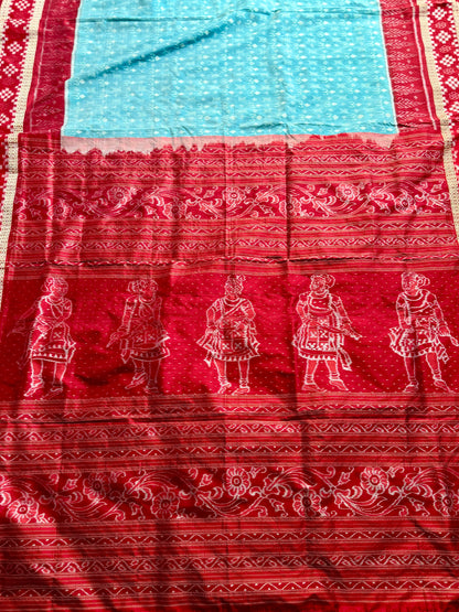 Ice-blue and red handwoven Sambalpuri pure Ikkat silk saree with pasapali border| Odisha Weaves