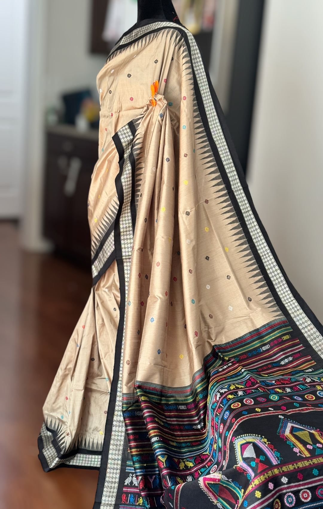 Gorgeous desert sand and black Combination Dolabedi pure silk saree from Odisha Weaves