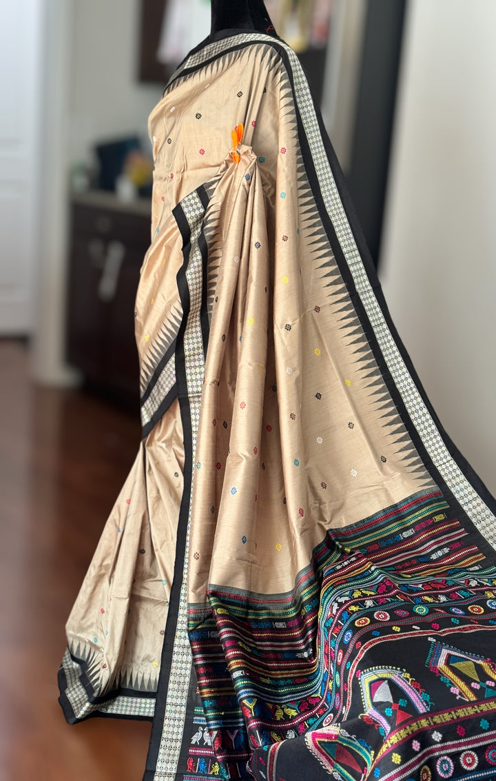 Gorgeous desert sand and black Combination Dolabedi pure silk saree from Odisha Weaves