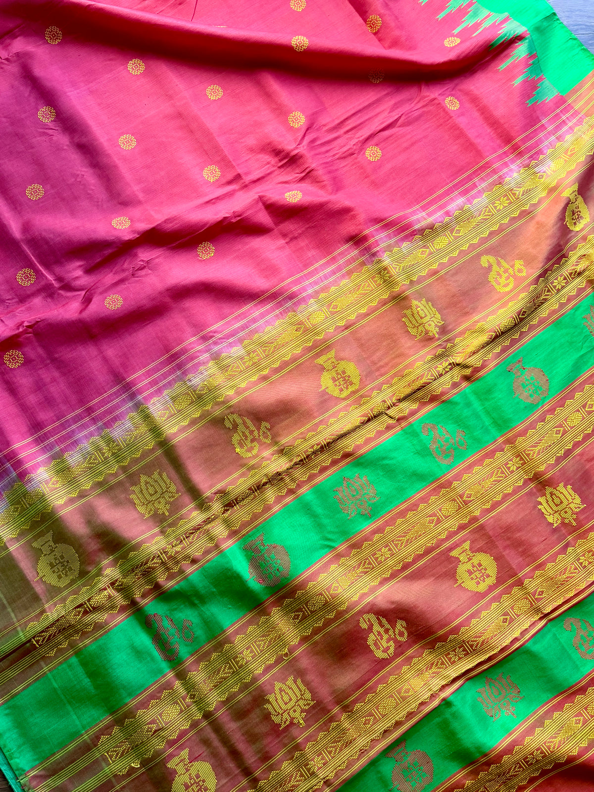 Dark Peach Berhampuri double pallu handwoven  Pure Silk Saree
