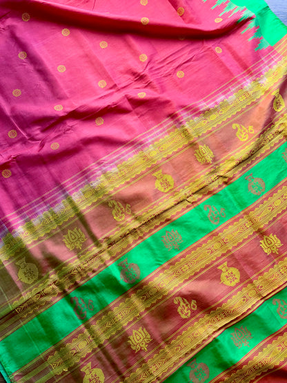 Dark Peach Berhampuri double pallu handwoven  Pure Silk Saree