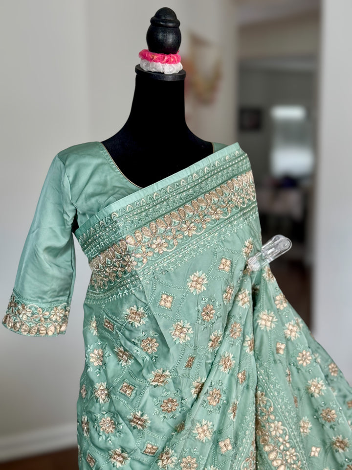 Sage Green Color gota and embroidery work designer satin crep silk saree|Party Wear Saree|PPS