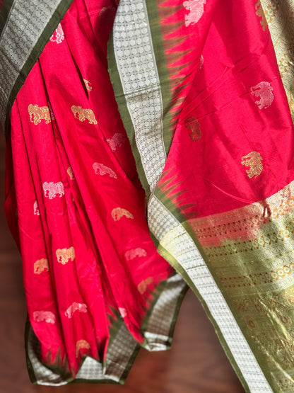 Red with mehendi green elephant motif Exclusive Bomkai pure silk Saree