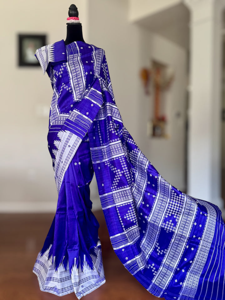 Indigo color traditional weaving Berhampuri Pure Silk Saree with Double pallu