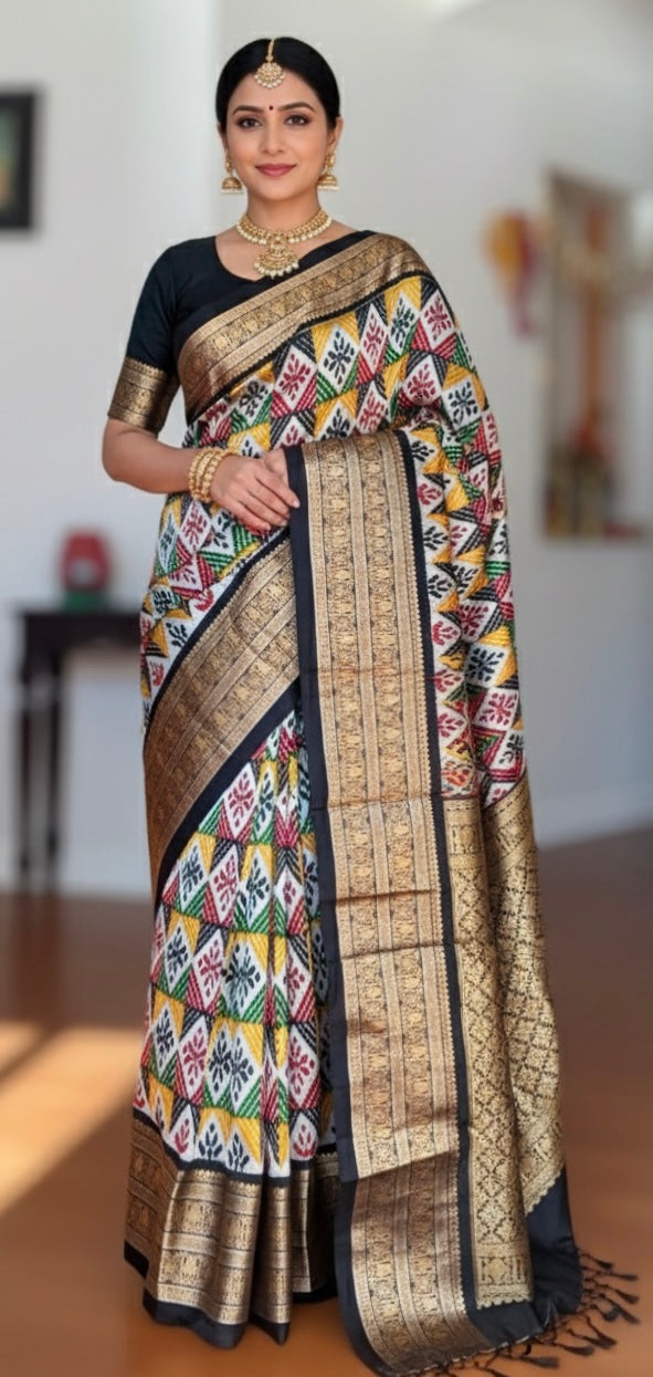 Kanjivaram Ikat Pure Silk Saree with Geometric Motifs(Pochampally)Fusion Silk Saree Unstitched Blouse