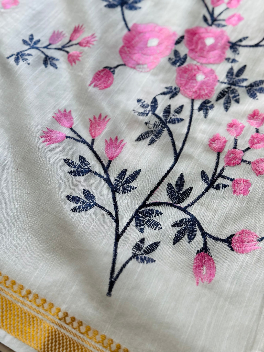 White color Linen muslin silk saree with embroidery work and stitched blouse| Value Vogue