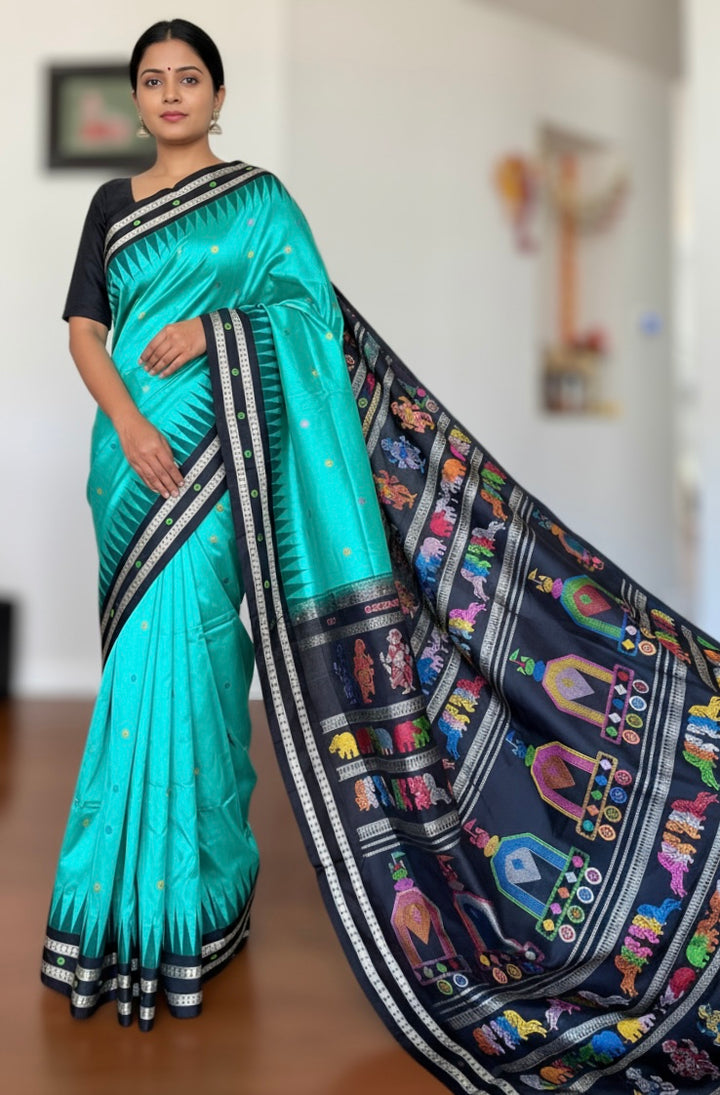 Gorgeous Light Aqua green Nandighosa pure silk saree from Odisha Weaves| Bomkai|