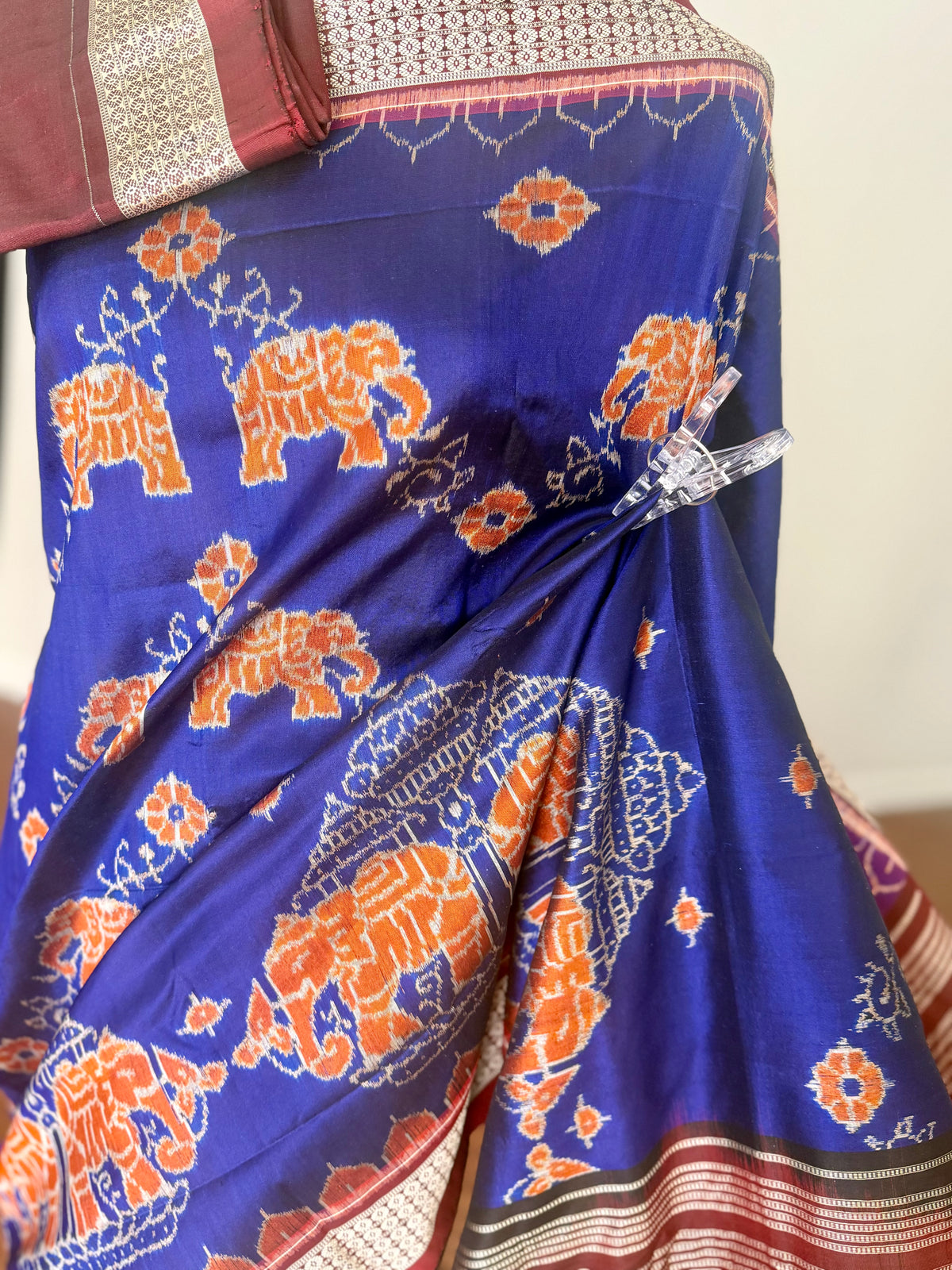 Blue & Maroon Sambalpuri Handwoven Ikat Elephant Motif pure silk Saree | Odisha weaves
