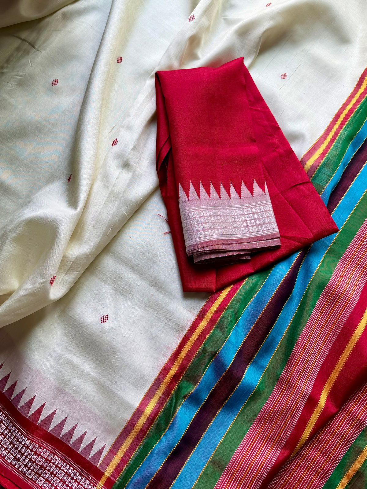 Off- White and Red Berhampuri Double pallu Pure Silk Saree| Odisha Weaves