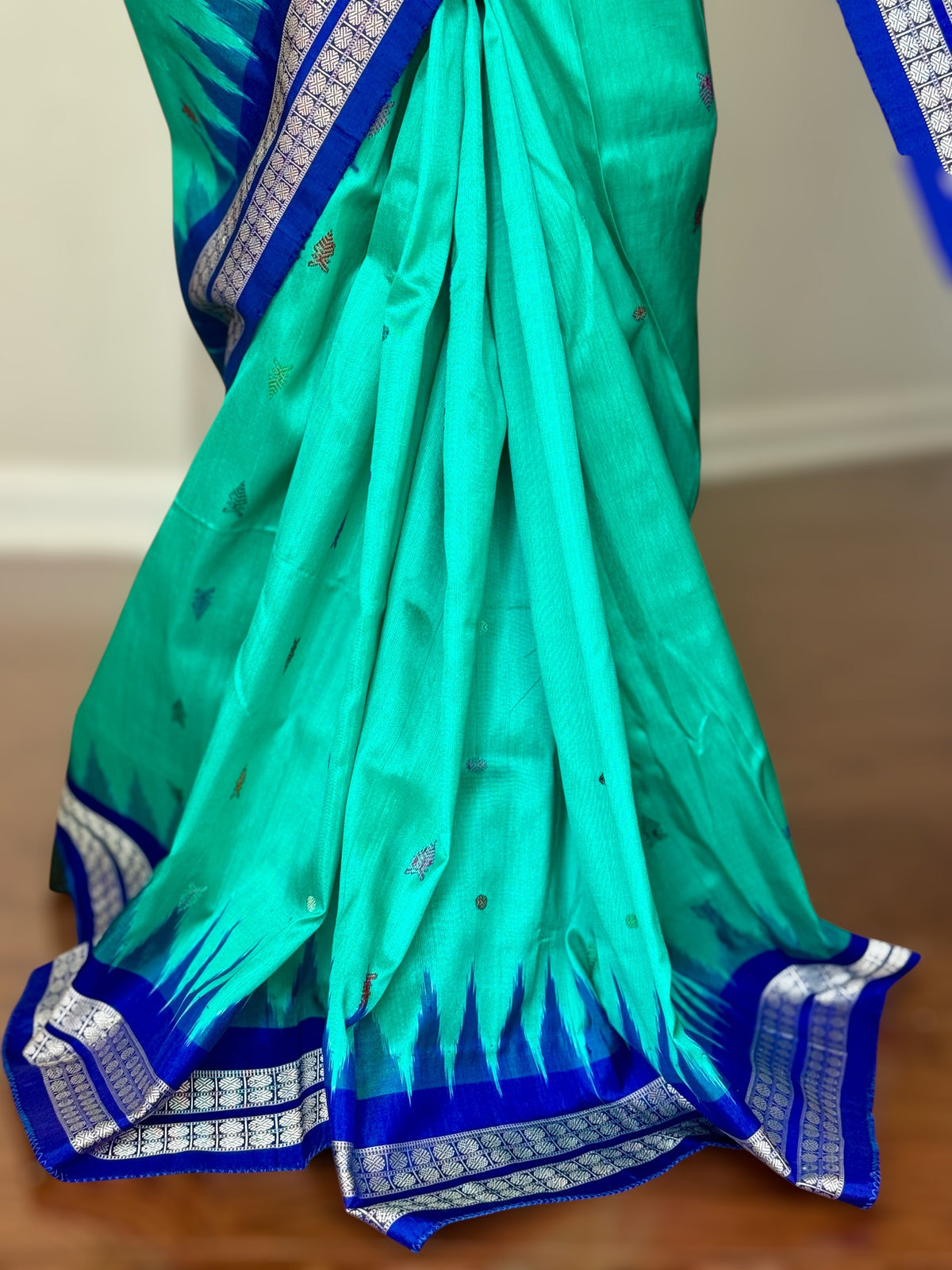 Aquamarine and blue combination master woven Bomkai pure silk saree | Odisha Weaves