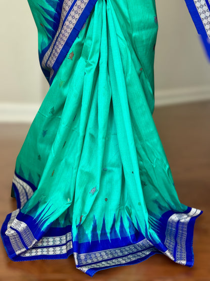 Aquamarine and blue combination master woven Bomkai pure silk saree | Odisha Weaves