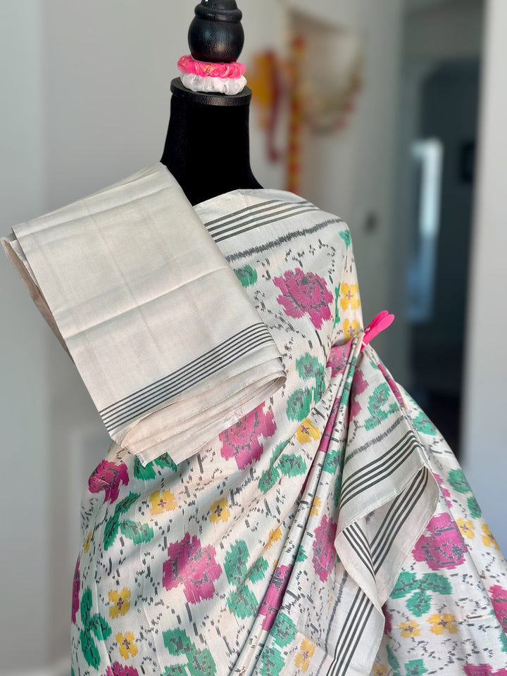 White color semi (double) ikat patan Patola pure silk saree