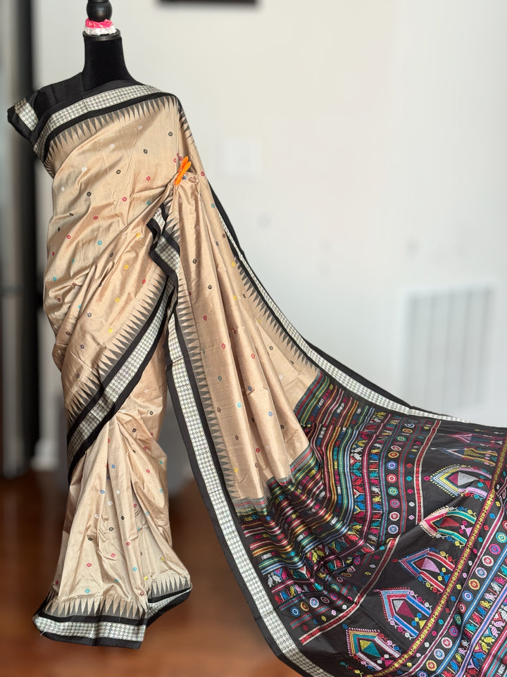 Gorgeous desert sand and black Combination Dolabedi pure silk saree from Odisha Weaves