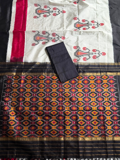 Cambodian inspired Pochampally handwoven double ikat pure silk saree| offwhite base| Sweta