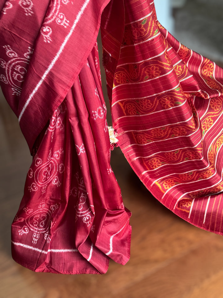 Fainted Maroon color Laxmi Pada contemporary ikat pure silk saree| Odisha Weaves
