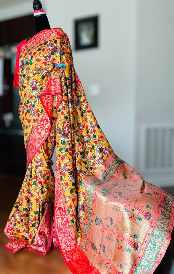 Kalamkari and paithani inspired artificial silk saree with stitched blouse|Value Vogue