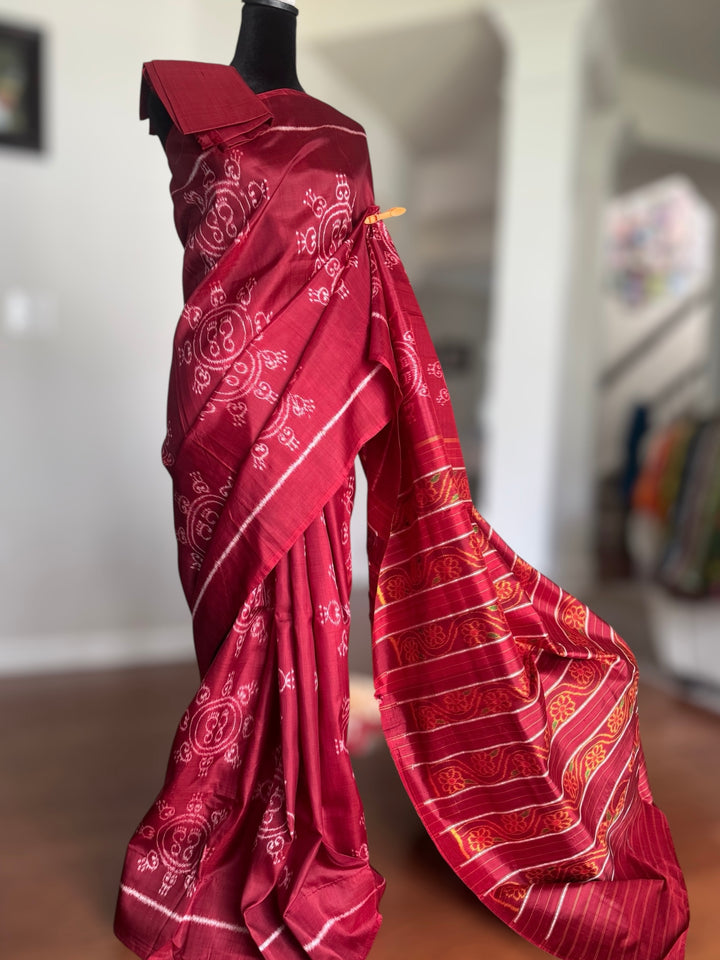 Fainted Maroon color Laxmi Pada contemporary ikat pure silk saree| Odisha Weaves