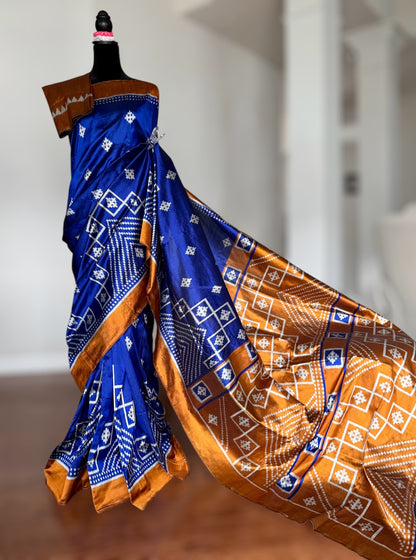 Blue with orange color handwoven ikat pure silk saree|Odisha Weaves|Contemporary Ikat|Antara