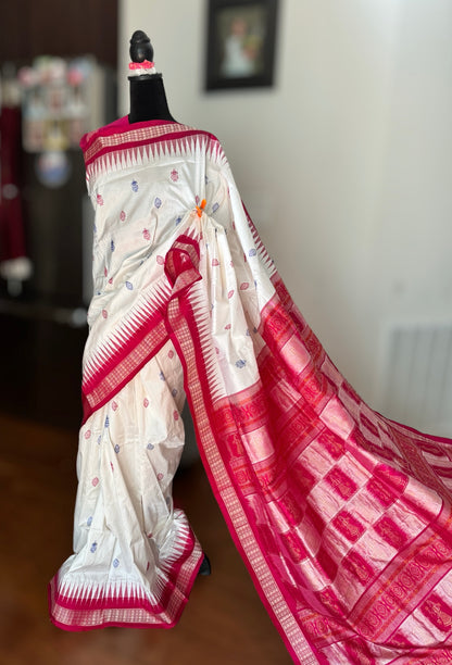 Gorgeous Bomkai pure Silk Saree in white and pink combination with Doll motif pallu