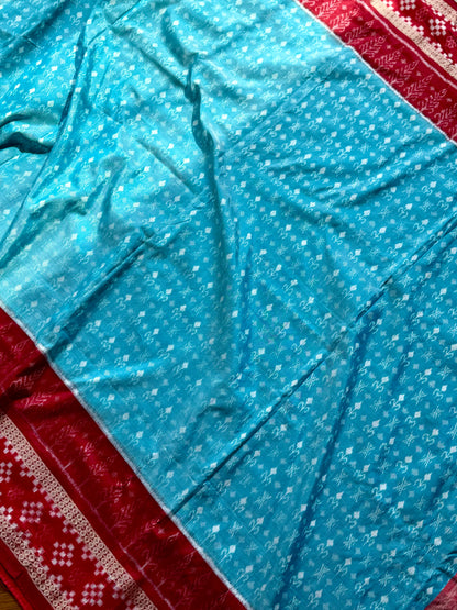 Ice-blue and red handwoven Sambalpuri pure Ikkat silk saree with pasapali border| Odisha Weaves