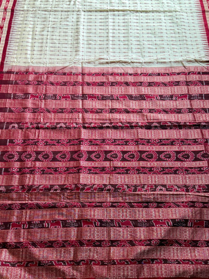Offwhite (cream) and maroon handwoven Sambalpuri thousand motif pure Ikkat silk saree | Odisha Weaves (Copy)