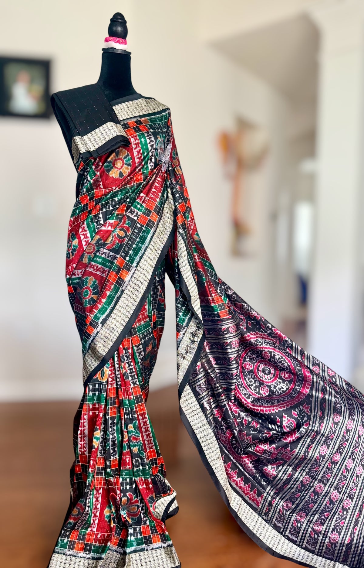 Handwoven Utkal Laxmi Sambalpuri ikat pure silk saree, orange pasapali in body|Odisha Weaves