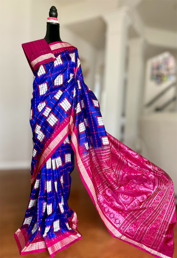 Handwoven Royal Blue Aswini Sambalpuri Double ikat pure silk saree|Odisha Weaves|