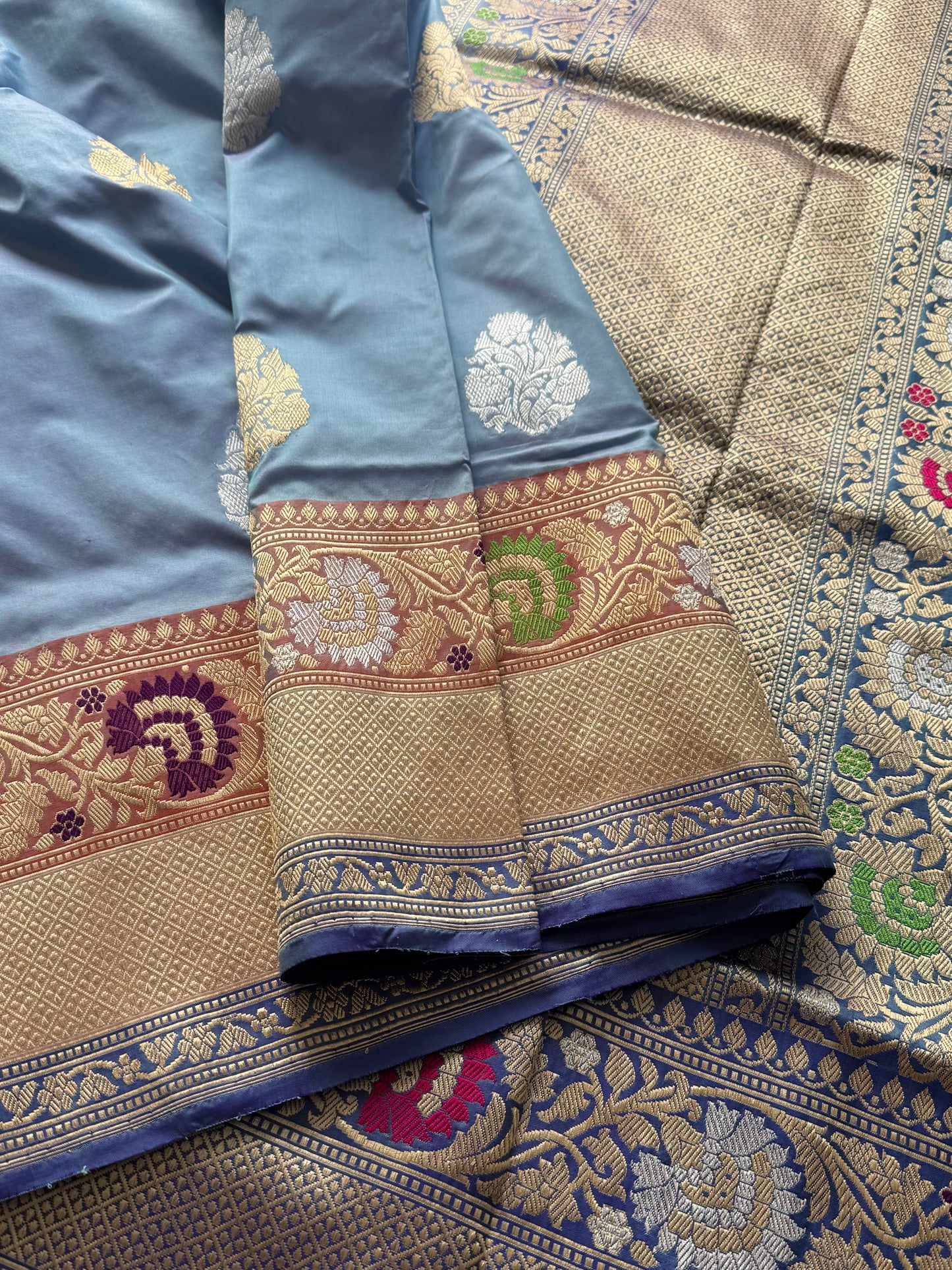 Luxurious Powder Blue Banarasi pure katan silk saree with Kadhwa and meenakari work