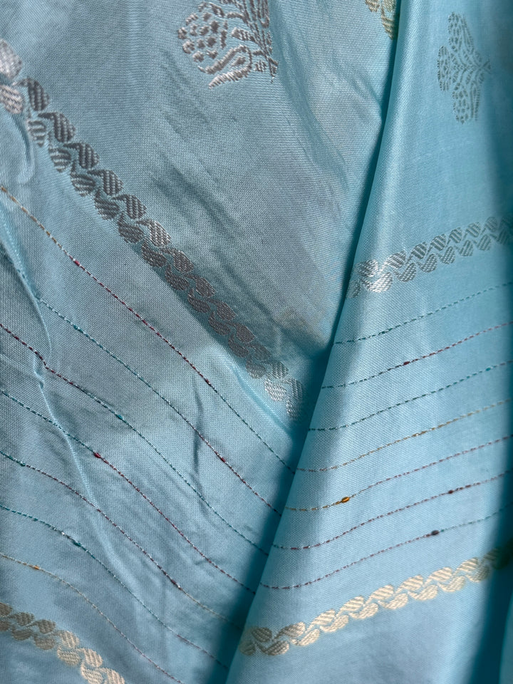 Icy Blue color Banarasi pure katan silk saree with kadhua work along with artistic meenakari bundis