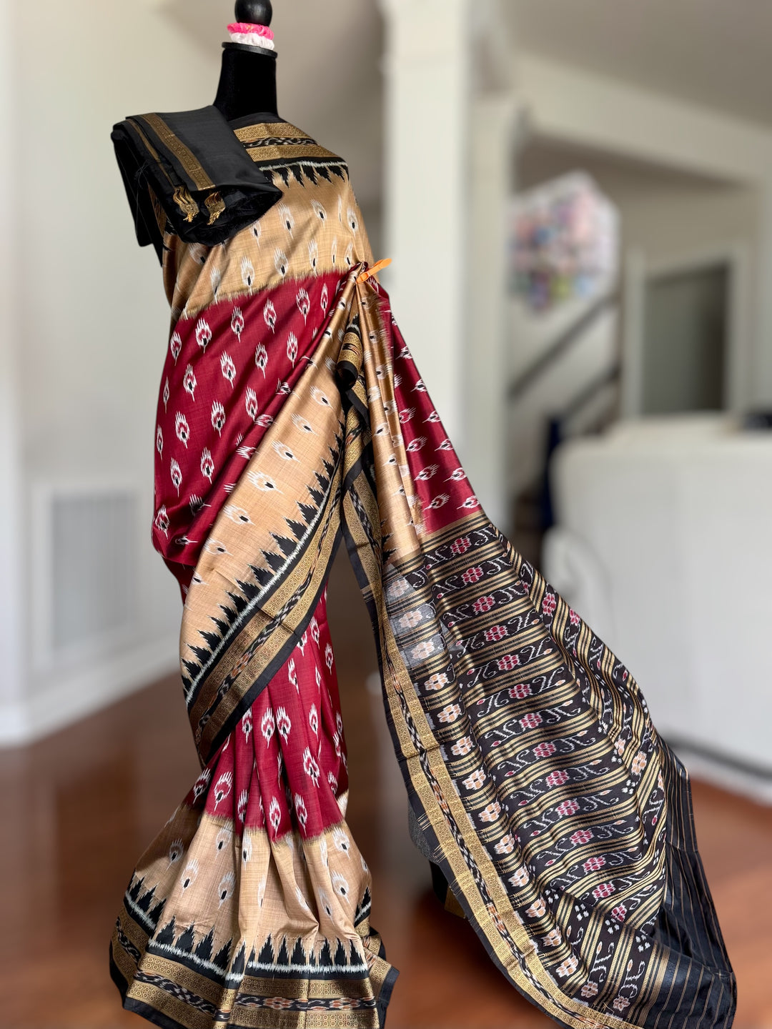 Maroon Beige Chandrika body Contemporary Ikat Pure Silk Saree|Odisha Weaves|Mishrita