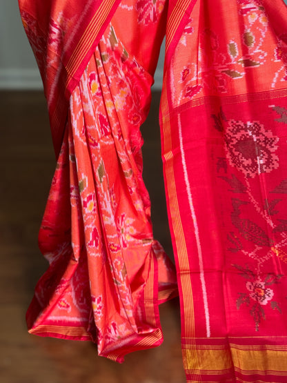 Peach color semi (double) ikat patan Patola pure silk saree