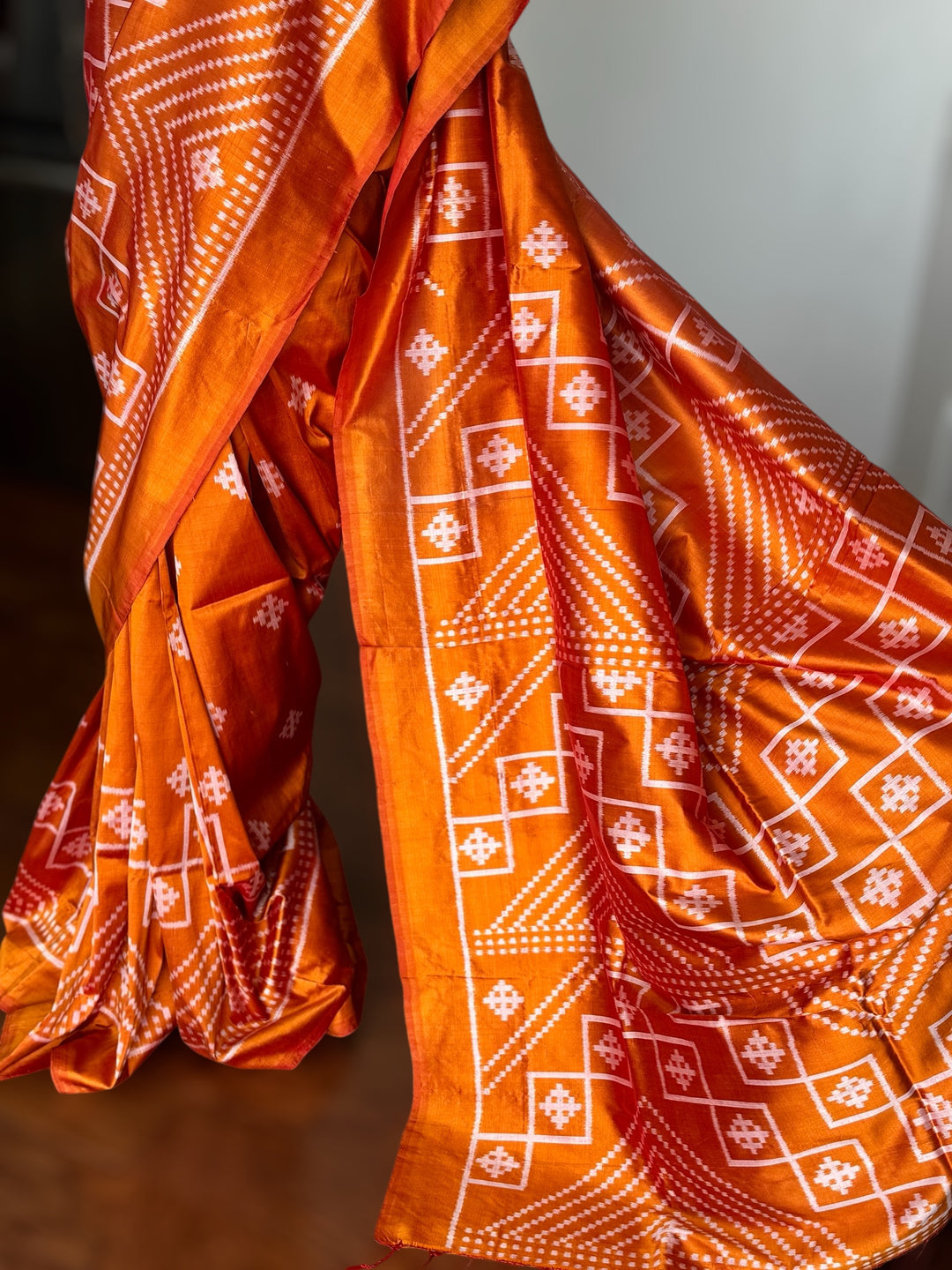 Orange color handwoven ikat pure silk saree|Odisha Weaves|Contemporary Ikat|