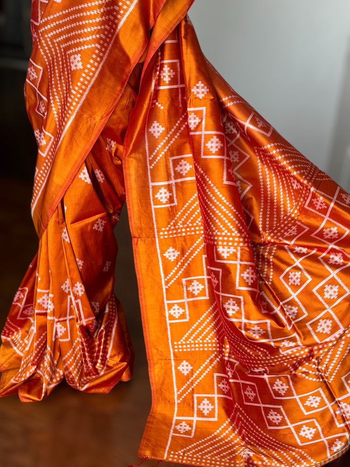 Orange color handwoven ikat pure silk saree|Odisha Weaves|Contemporary Ikat|