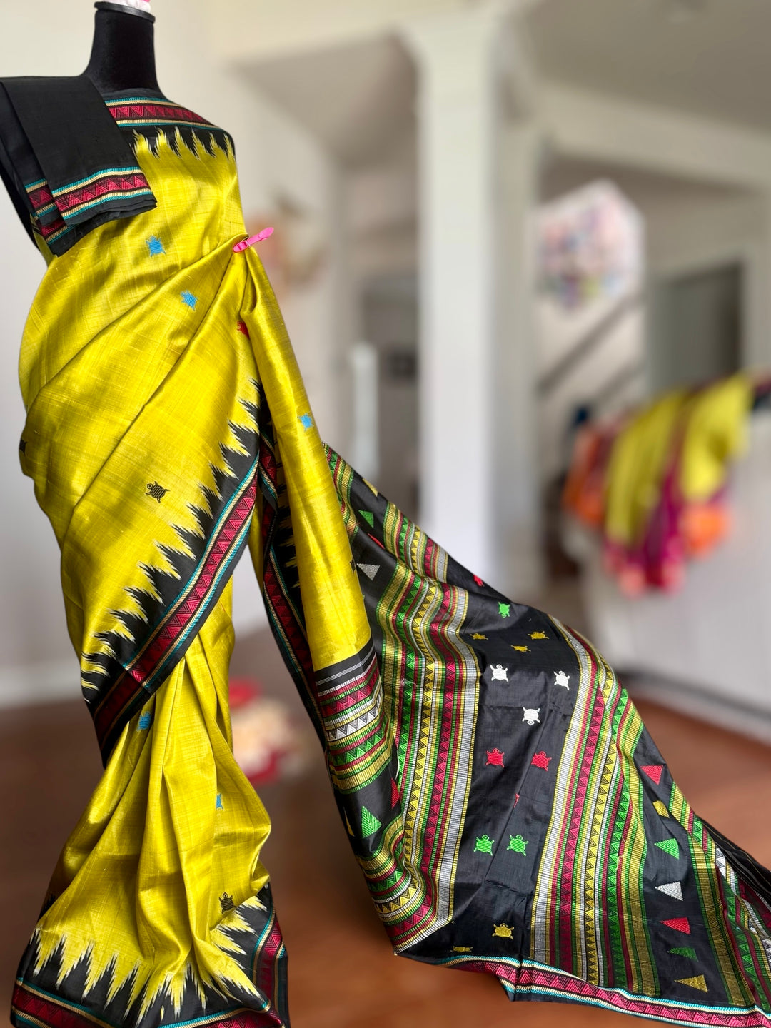 Light green and black combination Dongria double pallu contemporary ikat pure silk saree