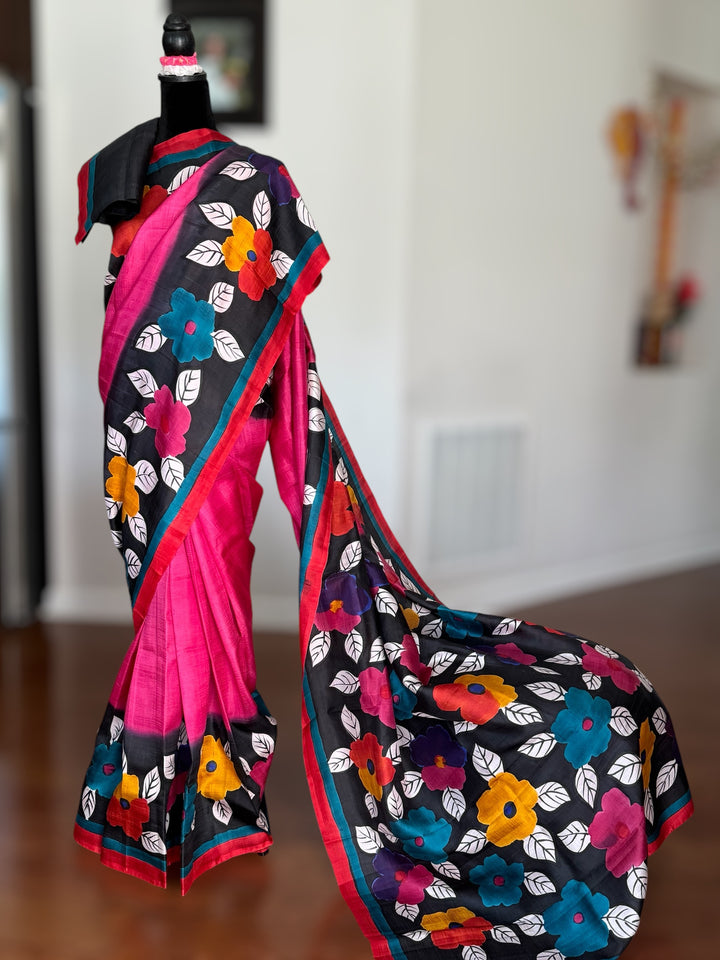 Pink with beautiful flower design Light weight,Hand painted Pure silk saree| Value Vogue