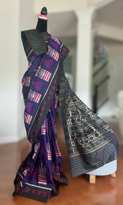 Purple color  Tribal Dance theme Contemporary Ikat Pure Silk Saree|Odisha Weaves